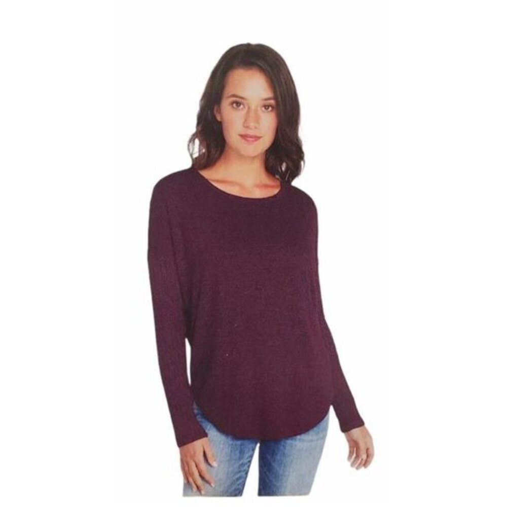 Buffalo David Bitton Womens Ribbed Sleeve Top (Burgundy, Small)